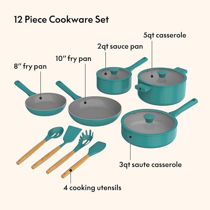 So Yummy by bella 12 Piece Cookware Set w EverGood™ Ceramic Nonstick Coating and Silicone &amp Wood Utensils Dishwasher Safe Silicone &amp Glass Lids Oven Safe &amp All Stovetop Compatible Moon
