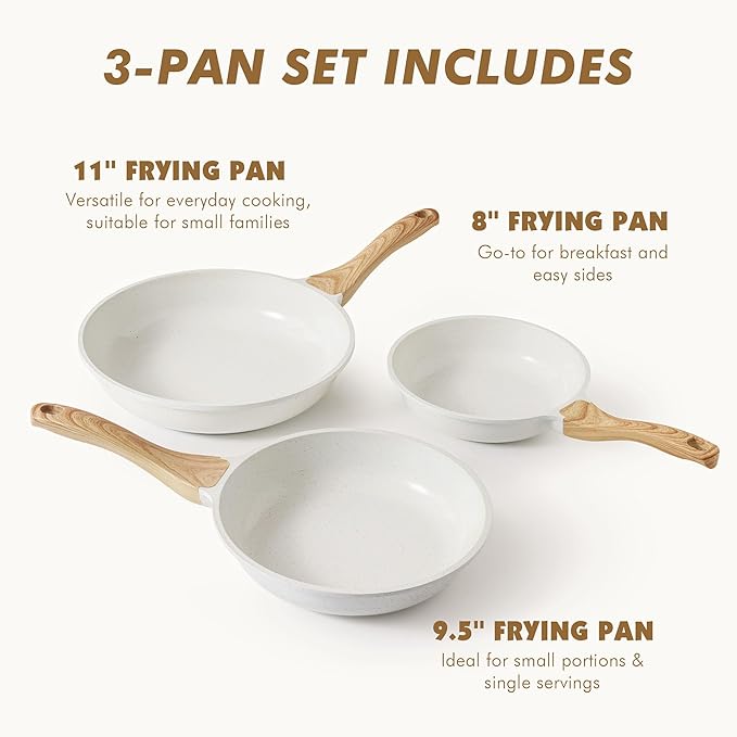 SENSARTE Nonstick Frying Pan Skillets White Ceramic Coating Omelette Pans Healthy Cookware Chef's Pan PTFE &amp PFAS Free (8+9.5+11 Inch)