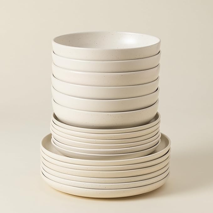 Casafina Ceramic Stoneware 18-Piece Place Setting Service for 6 with Pasta Bowls - Pacifica Collection Vanilla | Microwave &amp Dishwasher Safe Dinnerware Set | Food Safe Restaurant Quality Tablewar