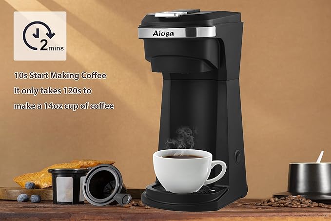 2 in 1 Single Serve Kcup Coffee Maker (6-14Oz) 800W Fast Brew Compact Design with Reusable Filter One-Button Auto Shut-Off Travel Mug Fit Compatible with K-Cup/Ground Coffee/Tea Black