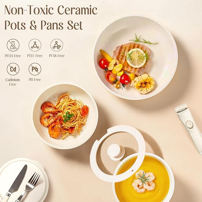 22PCS Non Stick Pots and Pans Set - Healthy Nonstick Cookware Set Detachable Handle Induction Kitchen Cooking Sets Dishwasher/Fridge/Oven Safe Space Saving Beige
