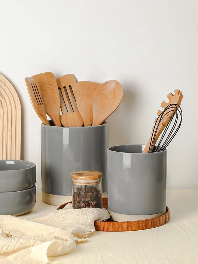 Famiware Mars Plates and Bowls Set of 12 and Milkyway Kitchen Utensil Holder for Countertop Set of 2 14 Pieces Dinnerware Sets Dark Gray