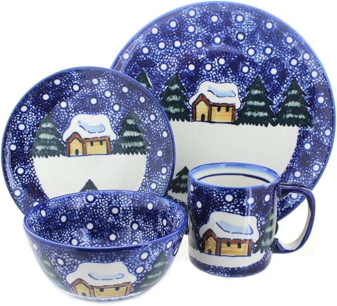 Blue Rose Polish Pottery - Blue Winter Forest 16 Piece Dinner Set - 4 Place Settings - Ceramic Dinnerware Set Unique Christmas Gift &amp Festive Tableware