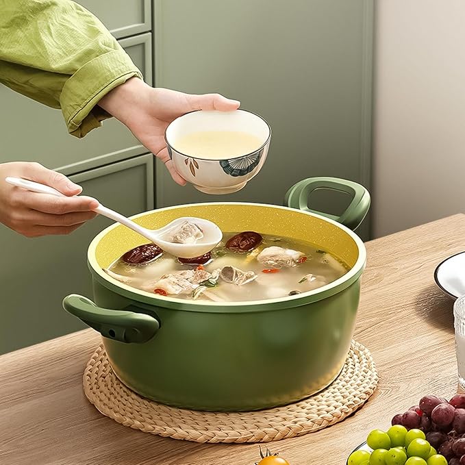 Pan Sets with Lid &amp Ladle Cooking Pots Nonstick Saucepans Cookware Set Small Kitchen Pot Induction Comptable Easy to Clean PFOA Free (Green)