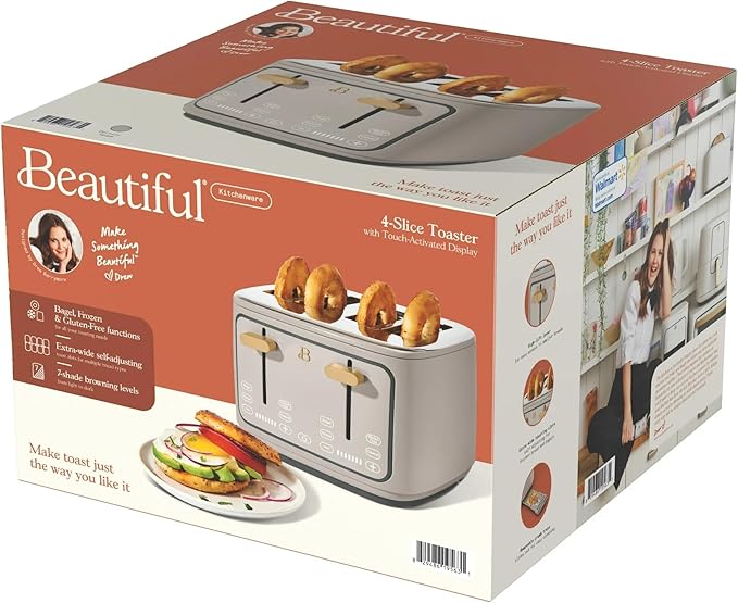 4 Slice Toaster with Touch Control Panel 1800W Fast Heating 7 Toast Shade Levels Extra Wide Slots for Bagels Removable Crumb Tray (Porcini Taupe)