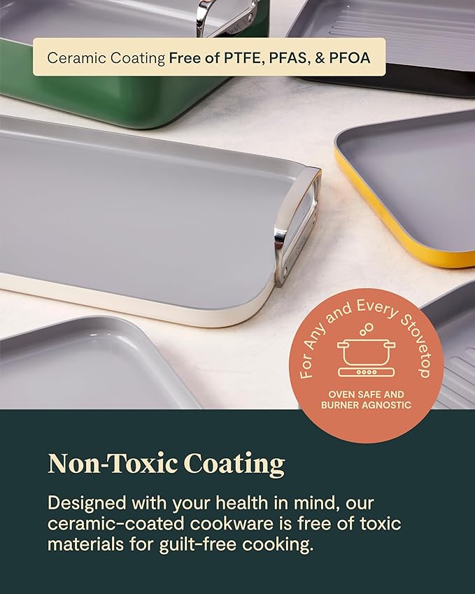 Caraway Square Cookware Set - Square Pans Set - Perfect for Griddling Toasting Searing Roasting and More - Non-Stick Ceramic Coated Pans - Non Toxic PTFE &amp PFOA Free - Cream