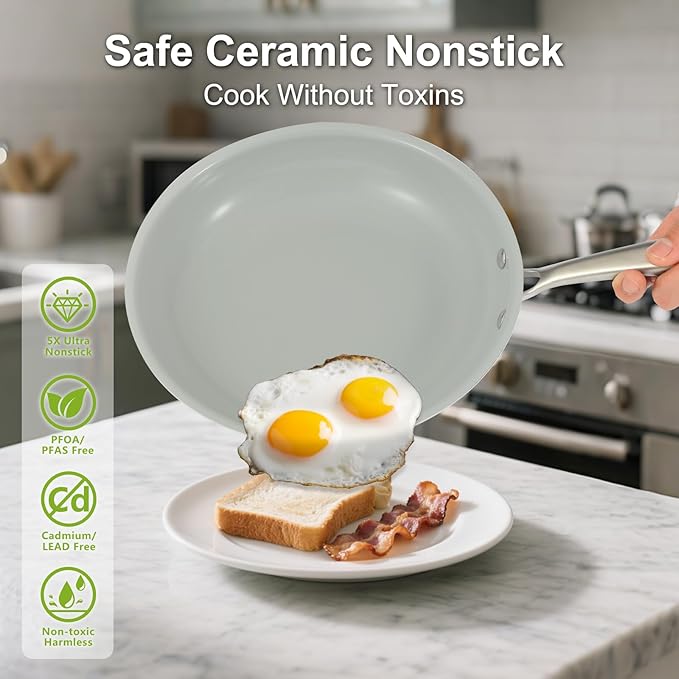 5PC Induction Cookware Set with Tempered Glass Lids Ultra Nonstick Pots and Pans Set with Stainless Steel Handle Oven Safe and Dishwasher Safe Non Toxic &amp Ceramic Cooking Set Cream White