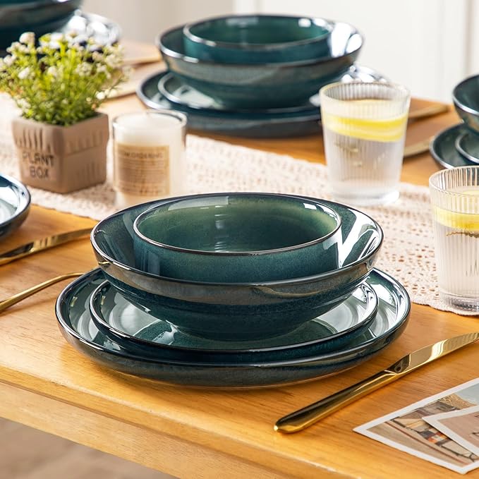 vancasso Starry Plates and Bowls Sets for 6 24 Pieces Dinnerware Sets Green Reactive Glaze Dishes Sets for Kitchen Scratch Resistant Stoneware Dishes Set Dishwasher and Microwave Safe