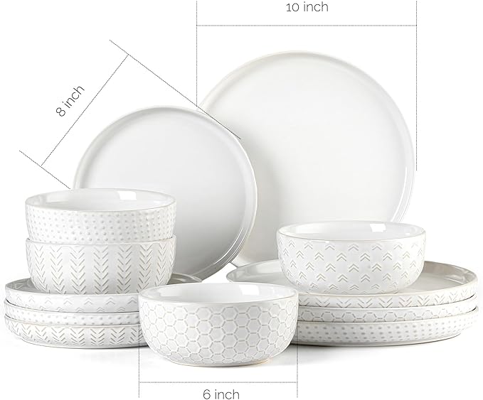 Stoneware Dinnerware Sets Service for 4 12 pcs Reactive Glaze Plates and Bowls Sets Embossed Boho Ceramic Dish Set Highly Chip and Crack Resistant Farmhouse Plate Set Ivory White