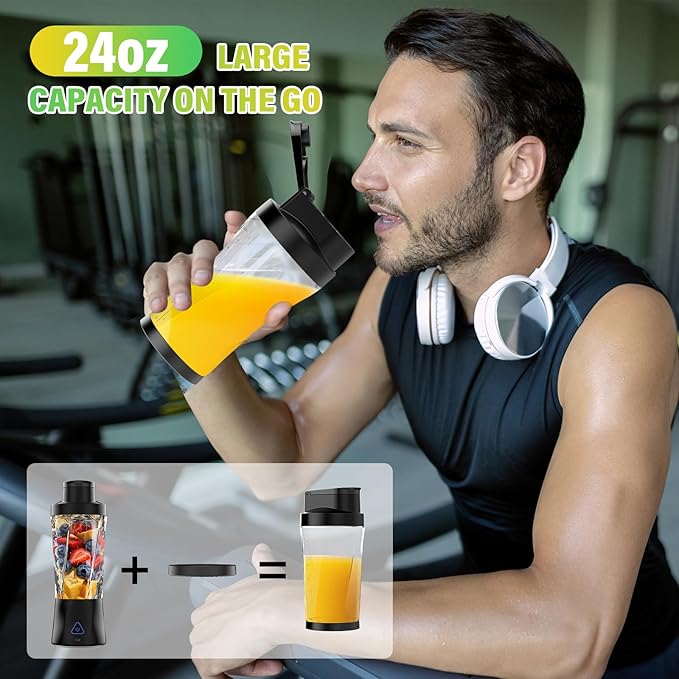 Portable Blender 360W Personal Blender for Shakes and Smoothies for Kitchen 24 Oz BPA Free Traveling Juicer Cup and Lid with 6 Blades Self Cleaning Portable Juicer for Kitchen/Travel/Gym Black