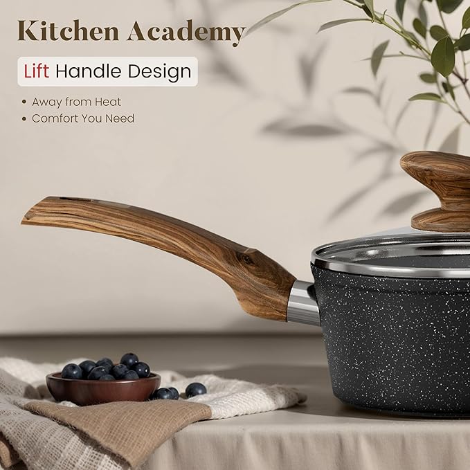 Kitchen Academy 12 Piece Pots and Pans Set Non Stick Cookware Sets Healthy Black Granite Induction Kitchen Cookware (PFAS PFOA PFOS Free)