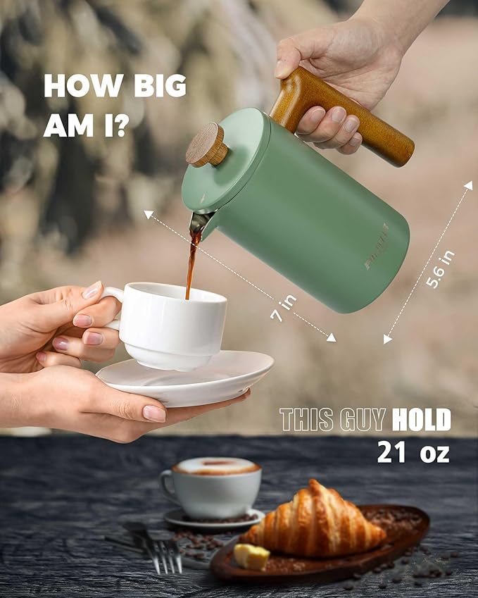 POLIVIAR French Press Coffee Maker 21 oz Coffee Press with Real Wood Handle Double Wall Insulation &amp Dual-Filter Screen Food Grade Stainless Steel for Good Coffe and Tea JX2024-SFPN