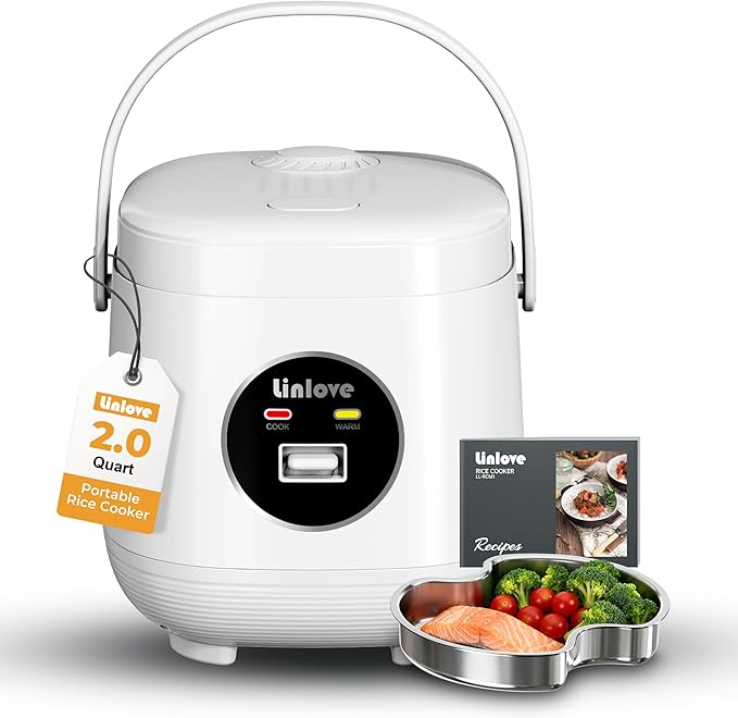 Rice Cooker Small 4 cup Uncooked2 Quart Non-stick Mini Rice CookerWith Stainless Steel Steamer TrayOne-Switch to Cook and Auto Keep WarmRecipe GuideSmall space saving for 1-4 peopleWhite