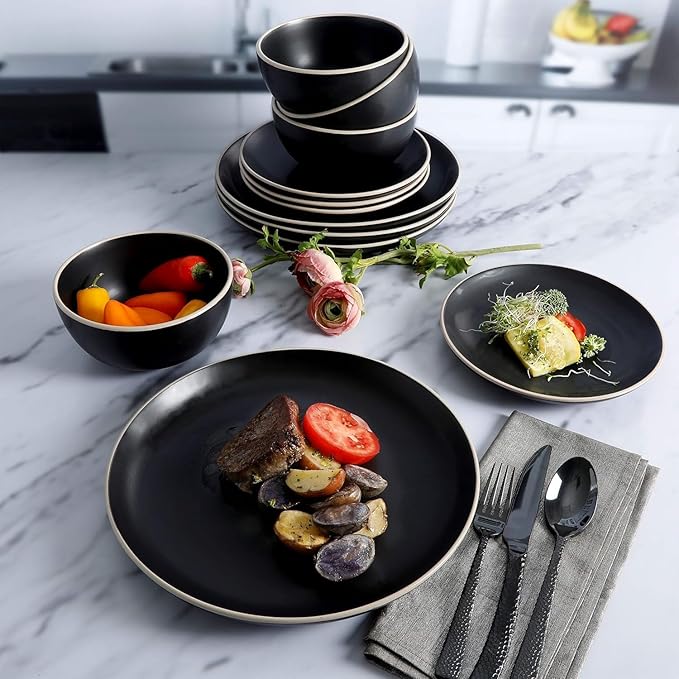 12-Piece Matte Stoneware Dinnerware Set – Modern Plates Bowls &amp Mugs for Everyday Dining (Black)