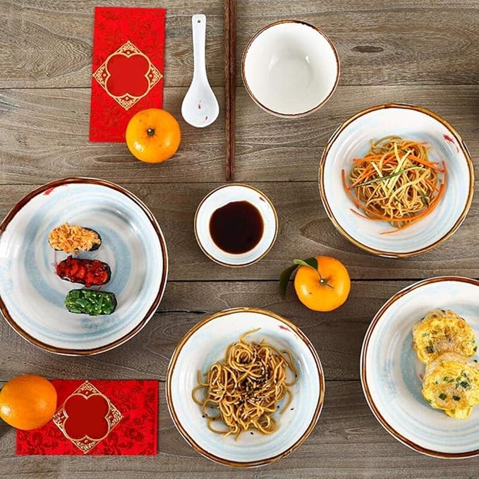52 Pieces Ceramics Dinner Sets Fish Pattern Plates Bowls Combination for Family Party and Kitchen Restaurant