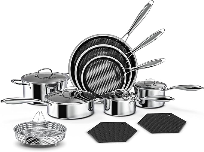 Nonstick Pots and Pans Set 14 Piece Hybrid Hex Non Stick Stainless Steel Cookware with Frying Pans Saute Pan Saucepans &amp Stock Pot - Induction Compatible Dishwasher &ampOven Safe PFOA Free
