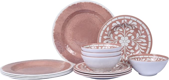 Melamine Dinnerware Sets - 12 Pcs Plates and Bowls SetUnbreakable Dinner Dishes Set for 4Lightweight Dishwasher Safe BPA FreeIndoor Outdoor use Pink