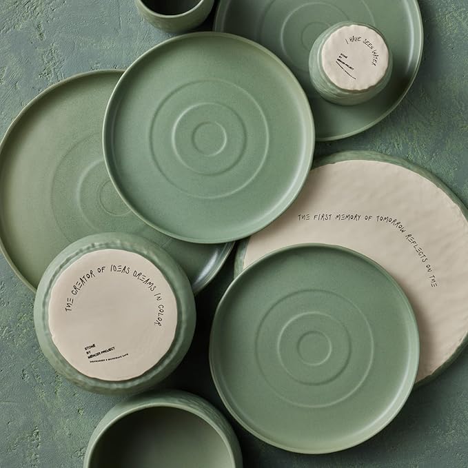 Stone by Mercer Project SHOSAI 16-Piece Stoneware Dinnerware Set Plates and Bowls Set Modern Dishware set fo 4 Sage