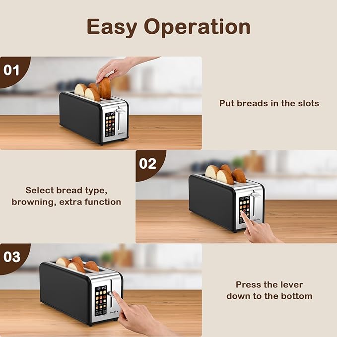 Mecity 4 Slice Toaster with Touchscreen Long Slot Stainless Steel Smart Bread Toaster for Bagel Muffin Waffle Gluten Free Breads Timer Defrost Reheat 120V 1400W