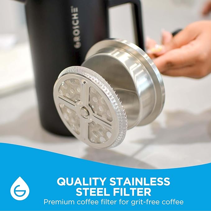 GROSCHE Dub'lin Stainless Steel Coffee Maker French Press 8 Cup | 34 FL Oz Coffee Press 18/8 Double Walled Stainless Steel French Press Coffee Maker - Hot/Cold Brew | Stainless French Press - BLACK