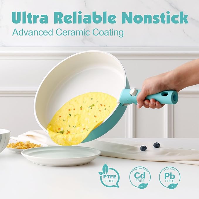 SENSARTE 24 Piece Ceramic Pots and Pans Set Nonstick Detachable Handle Cookware Induction Cookware Set with Removable Handle Healthy Non Stick for RV Dishwasher＆Oven Safe PFOA Free (Turquoise)