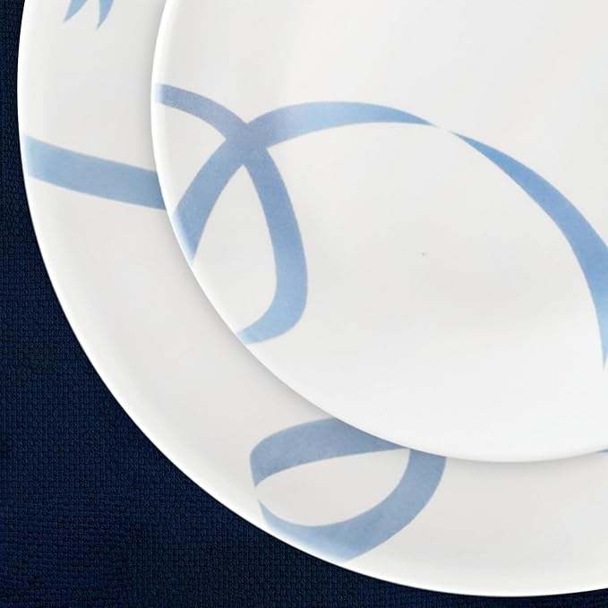 12-Piece Premium Triple-Layer Glass Dinnerware Set Service for 4 Classic Blue Ribbon Pattern Design Chip and Crack Resistant Tableware for Daily Dining Dishwasher and Microwave Safe Kitchen Essent