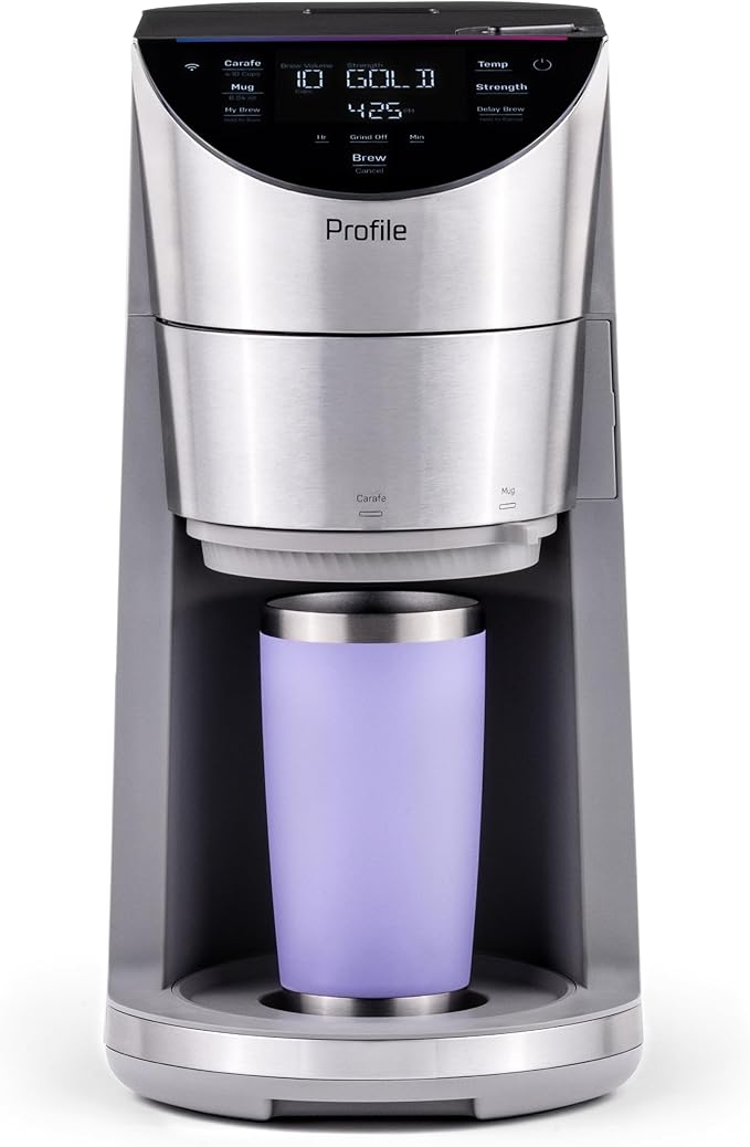 GE Profile Smart Grind &amp Brew Coffee Maker w/Podless Single Serve 90oz Water Reservoir 10 Cup Thermal Carafe Voice Control Adjustable Burr Grinder SCA Certified Barista-Quality Stainless St