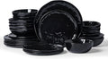 Famiware Porcelain kitchen plates and bowls set Modern dishes set for 6 Handmade Wave Edge Dinnerware Sets Microwave and Dishwasher Safe Tableware Glossy-black (24pc)