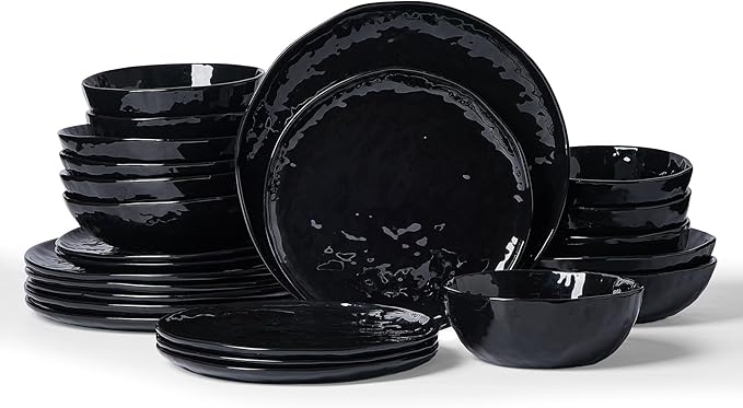 Famiware Porcelain kitchen plates and bowls set Modern dishes set for 6 Handmade Wave Edge Dinnerware Sets Microwave and Dishwasher Safe Tableware Glossy-black (24pc)