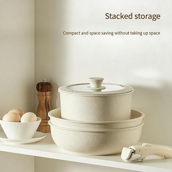 Pots and Pans Set Non Stick 5pcs Ceramic Cookware Set Non Toxic with Detachable Handles Healthy Induction Cookware Oven Safe RV Kitchen Set