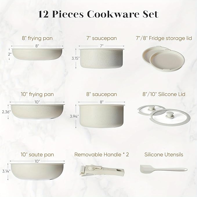 12Pcs Non-Stick Cookware Set Pots and Pans Set with Detachable Handle for Kitchen Induction Cookware Oven Safe Stackable Non-Stick Set
