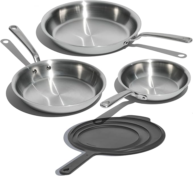 Made In Cookware | 3-Piece Stainless Clad Frying Pan Set with Universal Silicone Lid | 5 Ply Stainless Clad | Professional Cookware | Crafted in Italy | Induction Compatible