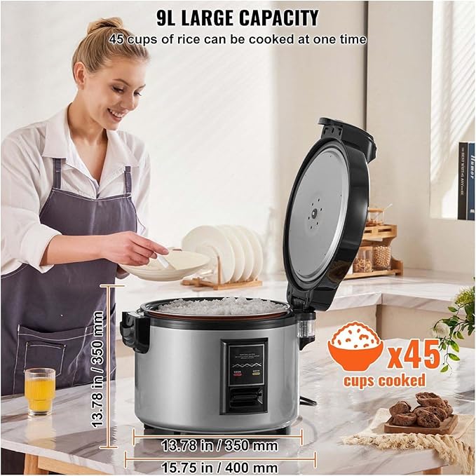 Commercial Rice Cooker 45 Cup 9L Restaurant Grade - Non-Stick Pot 12H Keep Warm Easy Cooking