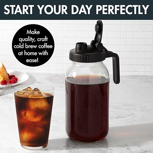 Primula Mason Jar Cold Brew Iced Coffee Maker with Stainless Steel Filter and Easy Pour Lid Durable Glass Pitcher Fits in Most Fridge Doors Dishwasher Safe Made without BPA 2-Quart Black