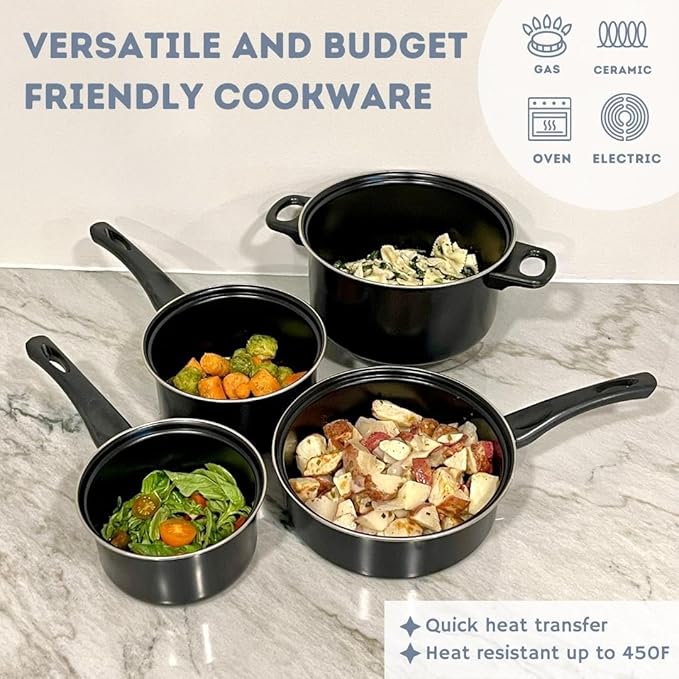 Imperial Home 7 Pc Carbon Steel Nonstick Cookware Set Pots &amp Pans Set Dishwasher Safe Cookware Set Cooking Set Kitchen Essentials (Black)
