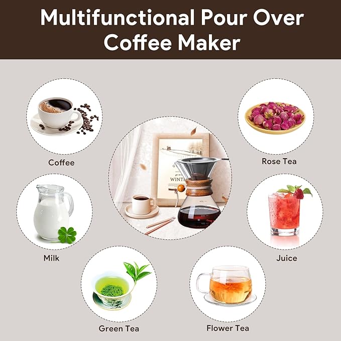 Wood Neck Pour Over Coffee Maker with Stainless Steel Filter 400ml(13oz) Glass Coffee Pot Drip Coffee Brewer for Home Cafe Camping Gift - Permanent Reusable Filter No Paper Needed(400ml)