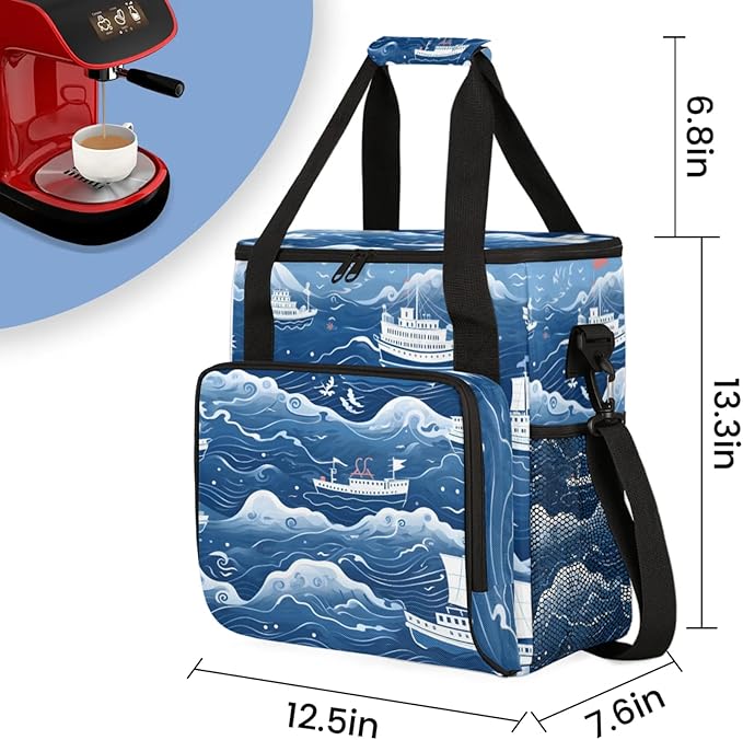 Ocean Ship Print Coffee Maker Travel Bag for Keurig K-Mini/K-Mini Plus Insulated Waterproof Tote with Pockets for K-Cup Portable Single-Serve Brewer Case