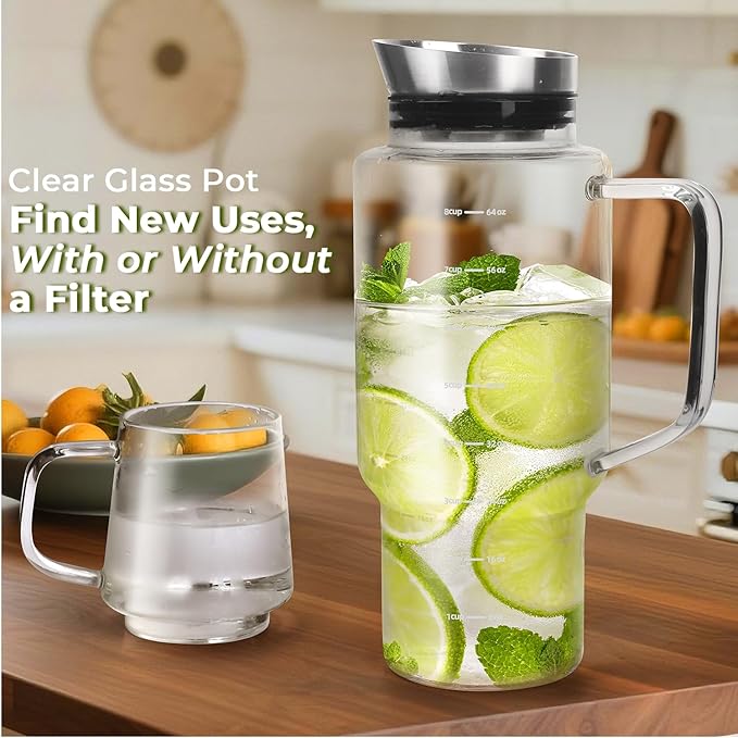 Aquach 68oz Cold Brew Coffee Tea Maker Glass Pitcher &amp Stainless Steel Filter Dishwasher Safe Iced Coffee Tea Maker with Airtight Lid and Large Handle