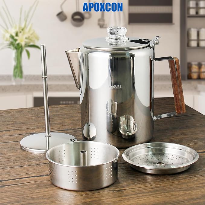 Coffee Percolator Camping Coffee Pot Stainless Steel with Glass Knob Using on any Stovetop - NO Aluminum NO Plastic (9 Cup)
