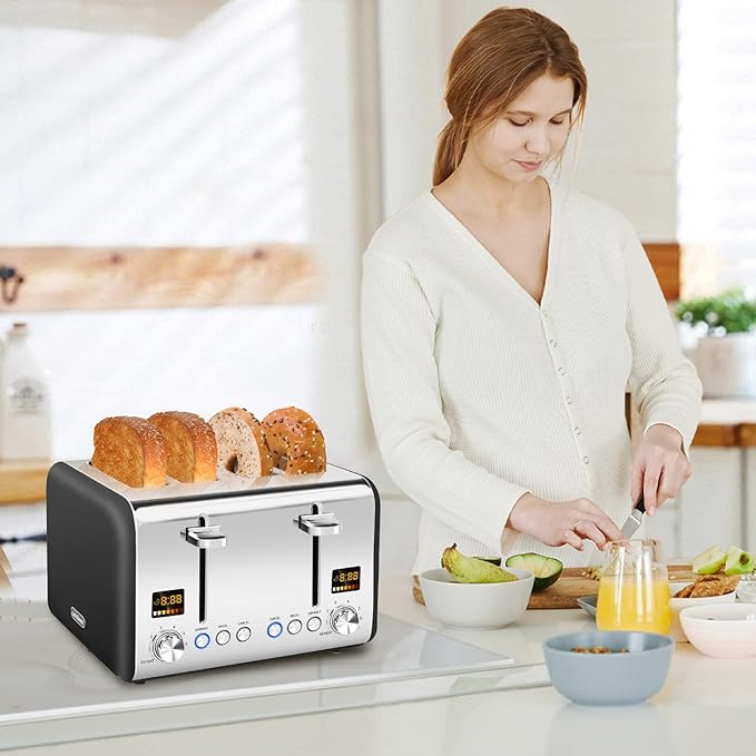 SEEDEEM 4 Slice Stainless Toaster - Color LCD Display 7 Shade Settings 1.5'' Wide Slots Bagel/Defrost/Reheat Functions Removable Crumb Tray Dark Chocolate 1800W