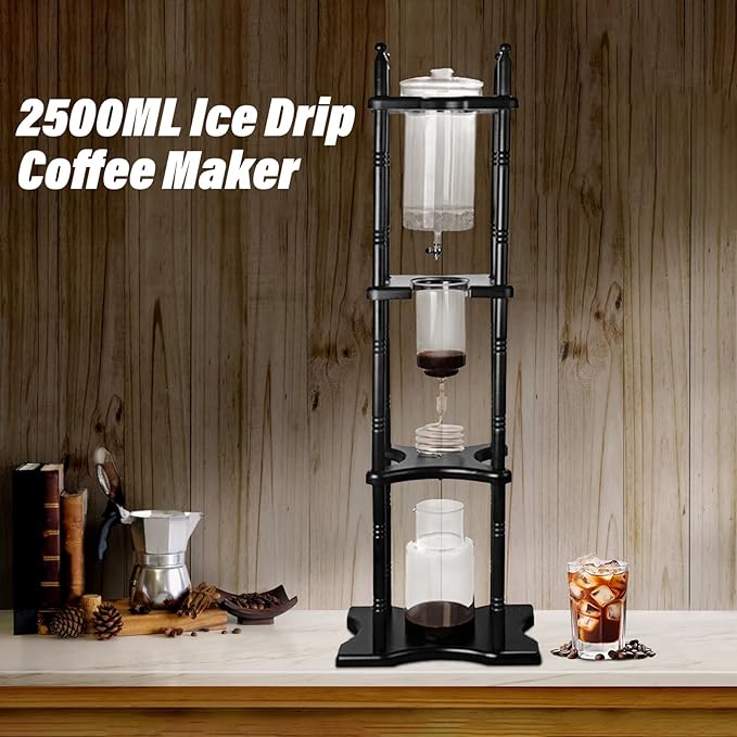 Ice Drip Coffee Maker 2500ml Cold Brew Coffee Tower Slow Drip Japanese Cold Brew Maker Drip Ice Coffee Tower Glass Dutch Coffee Dripper with Wood Straight Frame (Black)