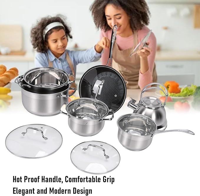 Pssopp Stainless Steel Cookware Set Induction Cooker Pot Kit for Kitchen Cooking Frying Boiling Simmering