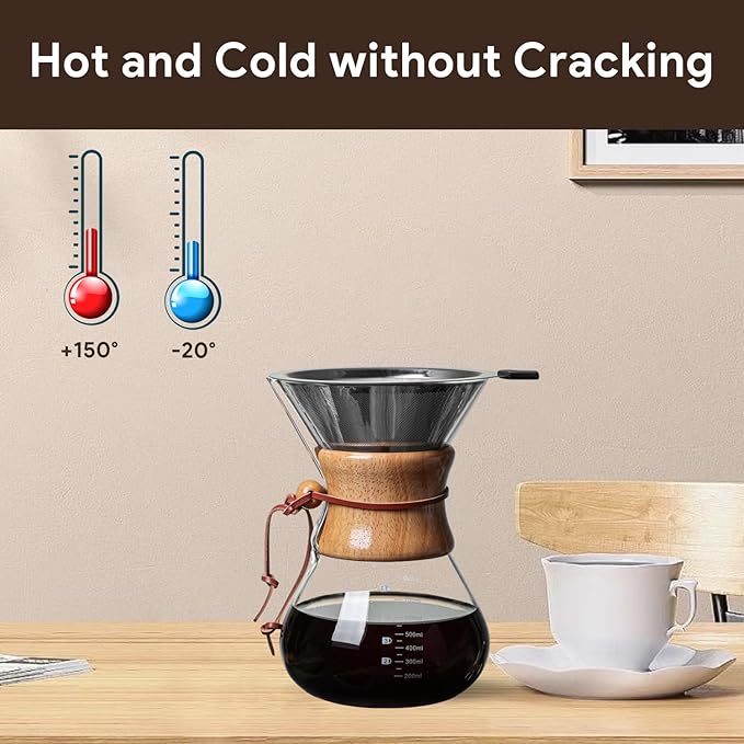 Wood Neck Pour Over Coffee Maker with Stainless Steel Filter 800ml(27oz) Glass Coffee Pot Drip Coffee Brewer for Home Cafe Camping Gift - Permanent Reusable Filter No Paper Needed(800ml)