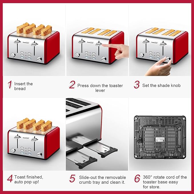 Geek Chef 4 Slice toaster Best Rated Prime Retro Bagel Toaster with 6 Bread Shade Settings 4 Extra Wide Slots Defrost/Bagel/Cancel Function Removable Crumb Tray Stainless Steel Toaster 1500W (Re