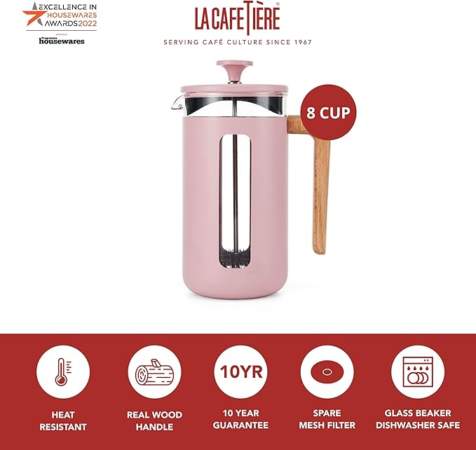 La Cafetière Pisa Cafetière 8-Cup/1L Heat-Resistant Borosilicate Glass and Stainless Steel with Easy-Grip Plunger Large French Press Coffee Maker for Loose Tea and Ground Coffee Pink