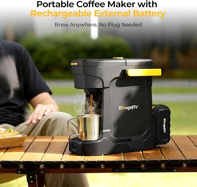 BougeRV Coffee Machine with 18V 8Ah Battery Powered Compatible with K Cup Coffee Pods &amp Ground Cordless Coffee Maker for Travel Camping Outdoor Worker Home