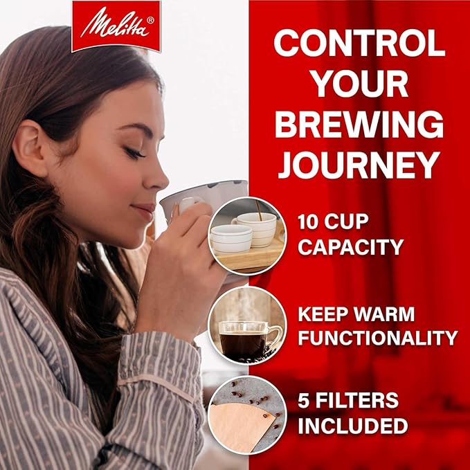 Melitta® Aroma Fresh™ Plus 10-Cup Automatic Drip Programmable Coffee Maker with built in Burr Coffee Grinder 5-Pack Coffee Filters included