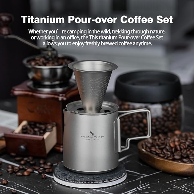 Boundless Voyage Titanium Pour-over Coffee Maker Set Coffee Mug with Reusable Detachable Dripper Manual Reusable Cone Filter for 1-2 Cups 6007P