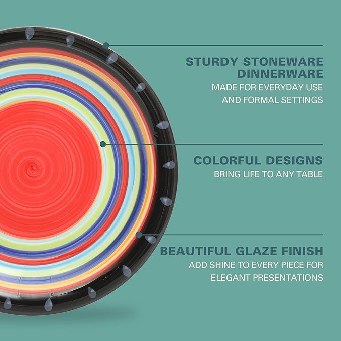 Gibson Home Festival Rings 16-Piece Stoneware Dinnerware Set – Colorful Hand-Painted Plates Bowls &amp Mugs Service for 4 Dishwasher &amp Microwave Safe Vibrant Tableware