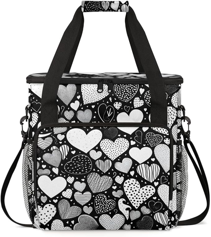 heart Coffee Maker Carrying Bag White Black Portable Travel Storage Tote Bag Compatible with K-Mini or K-Mini Plus Single Serve Coffee Brewer Carrying Case with Multiple Pockets &amp Shoulder Strap